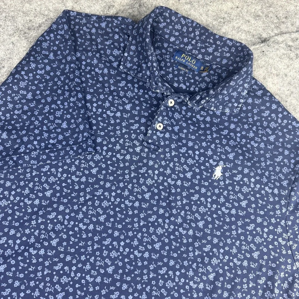 Polo Ralph Lauren‎ Mens XL Blue Floral Pattern AOP Short Sleeve Polo Shirt